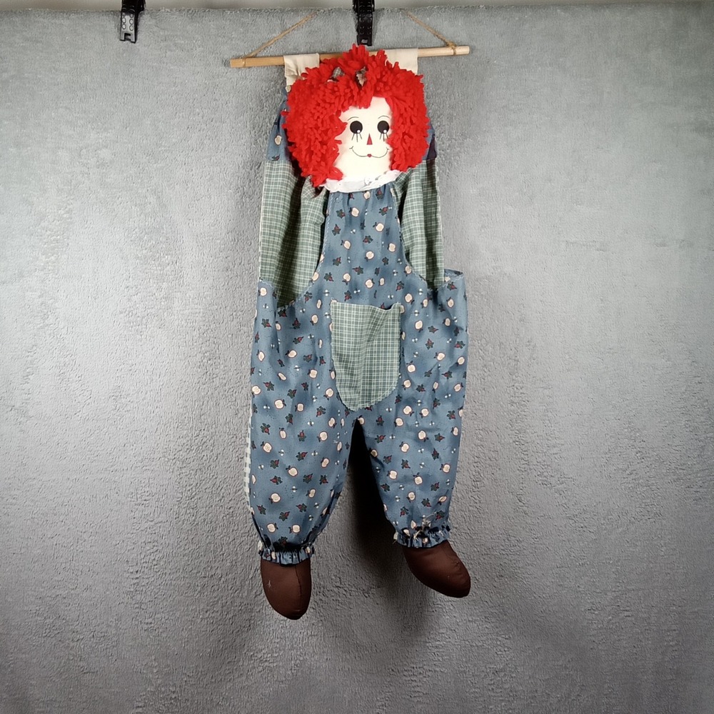 Handmade Raggedy Ann Plastic Bag Holder Kitchen Wall Hanging Apple Gingham 27in